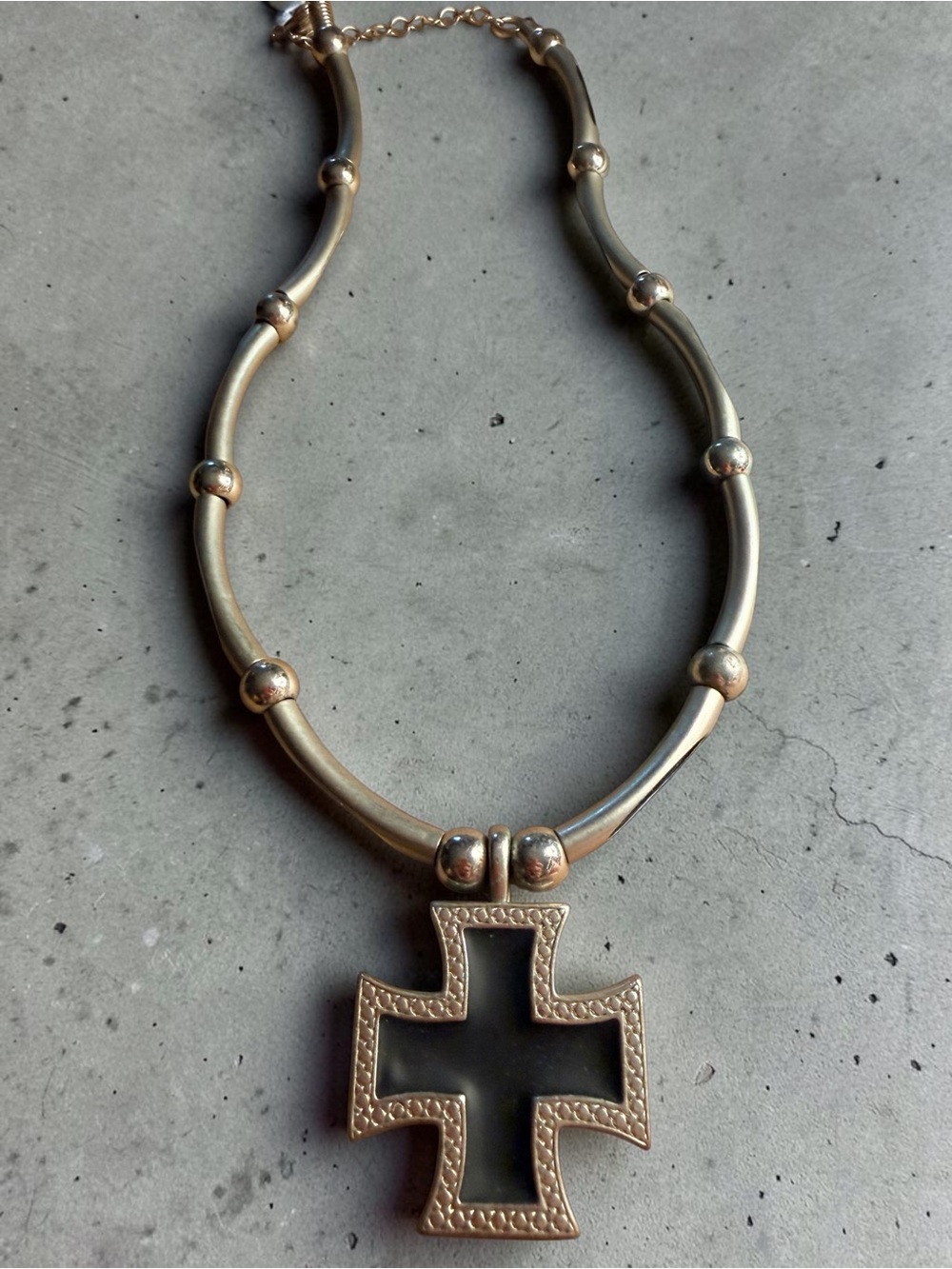 Silver Tone Cross Pendant Necklace with Black Inlay
